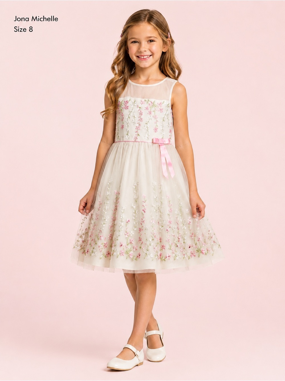 Jona Michelle Girls Size 8 Embroidered Floral Tulle Party Dress Ivory Pink